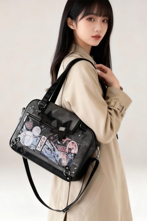 Black Kawaii Ita Tote Bag with Clear Window for Plushies and Pins