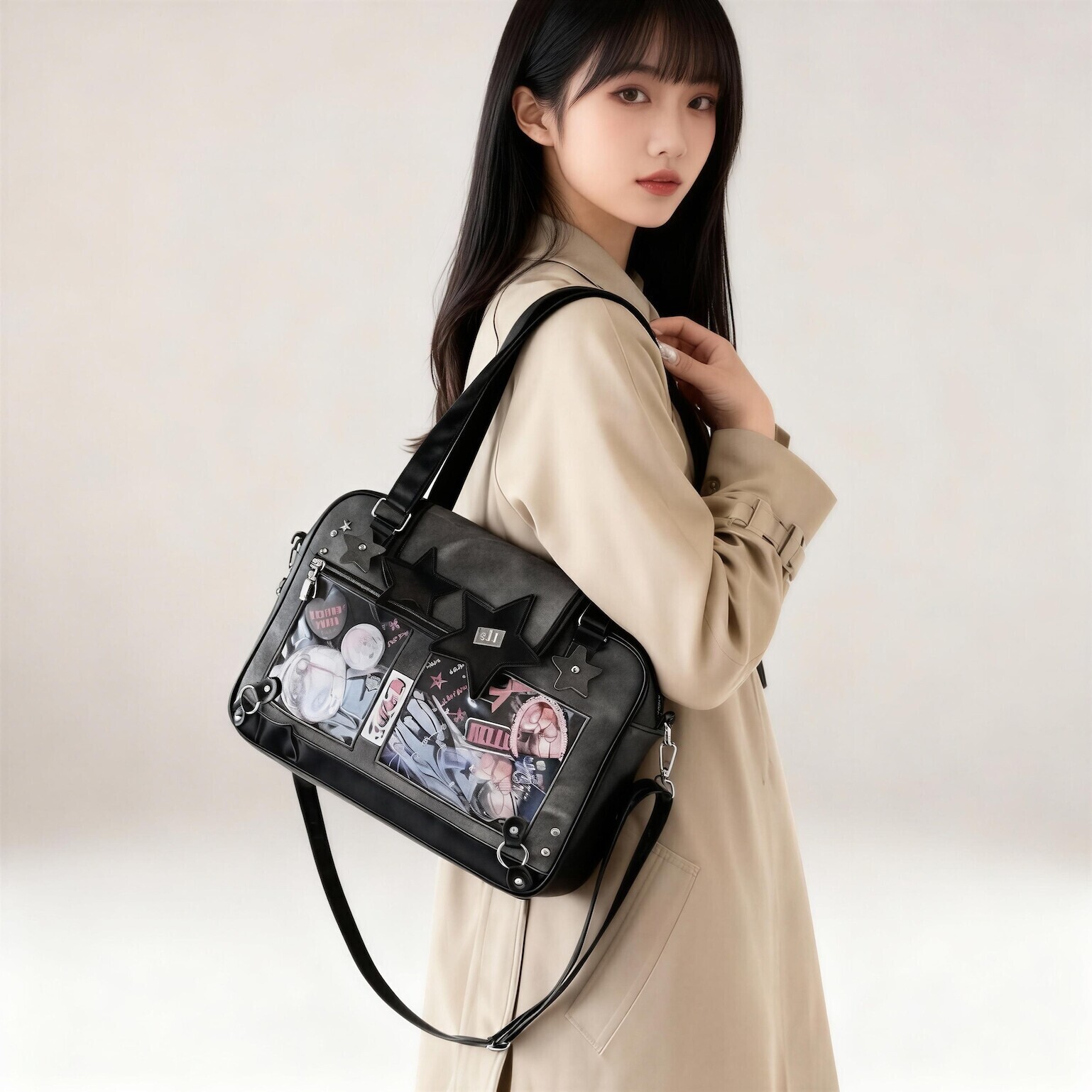 Black Kawaii Ita Tote Bag with Clear Window for Plushies and Pins Black Kawaii Ita Tote Bag with Clear Window for Plushies and Pins