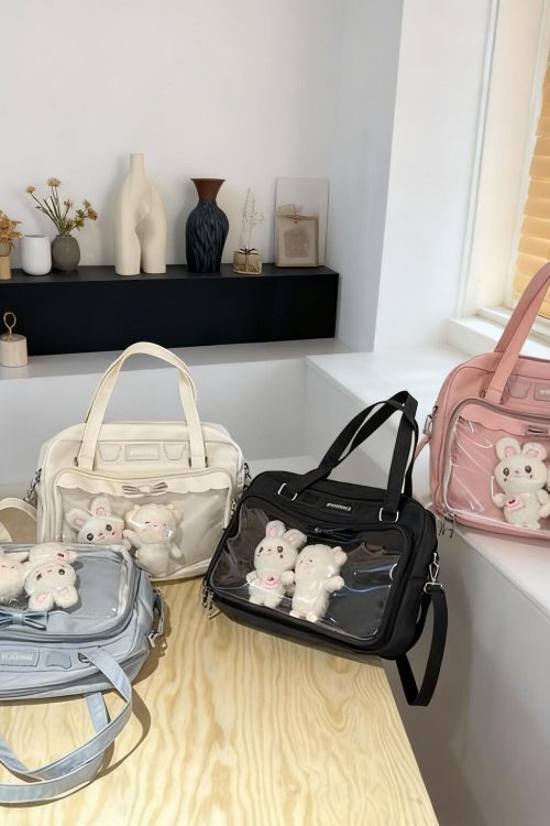 Black Kawaii Ita Tote Bag with Clear Window for Plushies and Pins