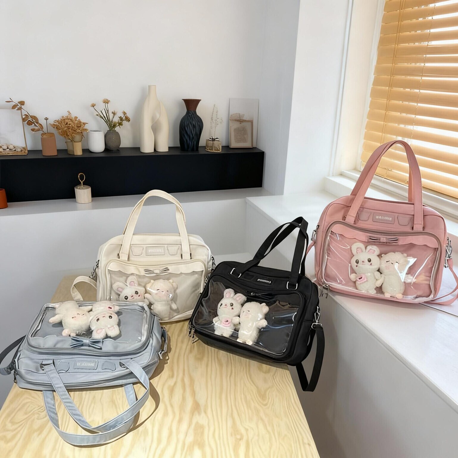 Black Kawaii Ita Tote Bag with Clear Window for Plushies and Pins Black Kawaii Ita Tote Bag with Clear Window for Plushies and Pins