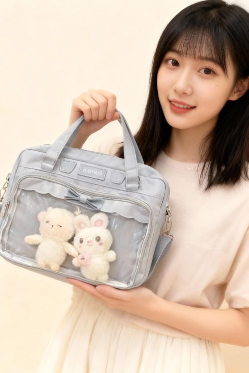 Black Kawaii Ita Tote Bag with Clear Window for Plushies and Pins