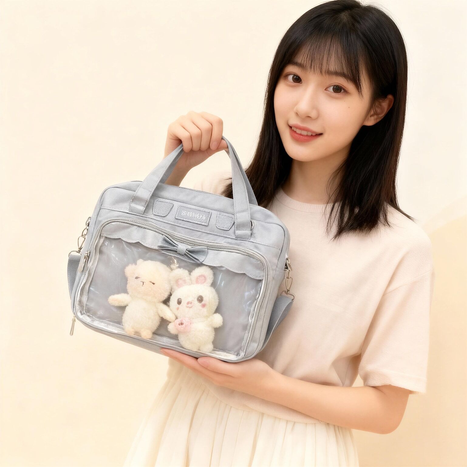 Black Kawaii Ita Tote Bag with Clear Window for Plushies and Pins Black Kawaii Ita Tote Bag with Clear Window for Plushies and Pins