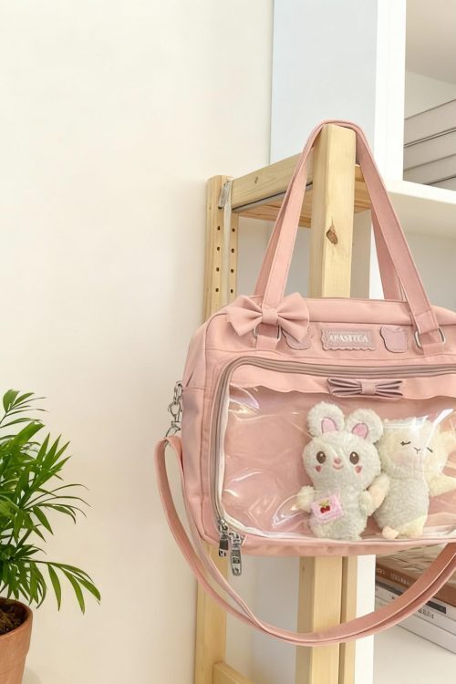 Black Kawaii Ita Tote Bag with Clear Window for Plushies and Pins