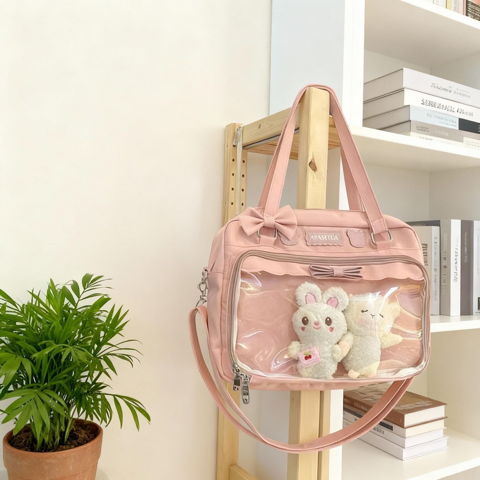 Black Kawaii Ita Tote Bag with Clear Window for Plushies and Pins Black Kawaii Ita Tote Bag with Clear Window for Plushies and Pins