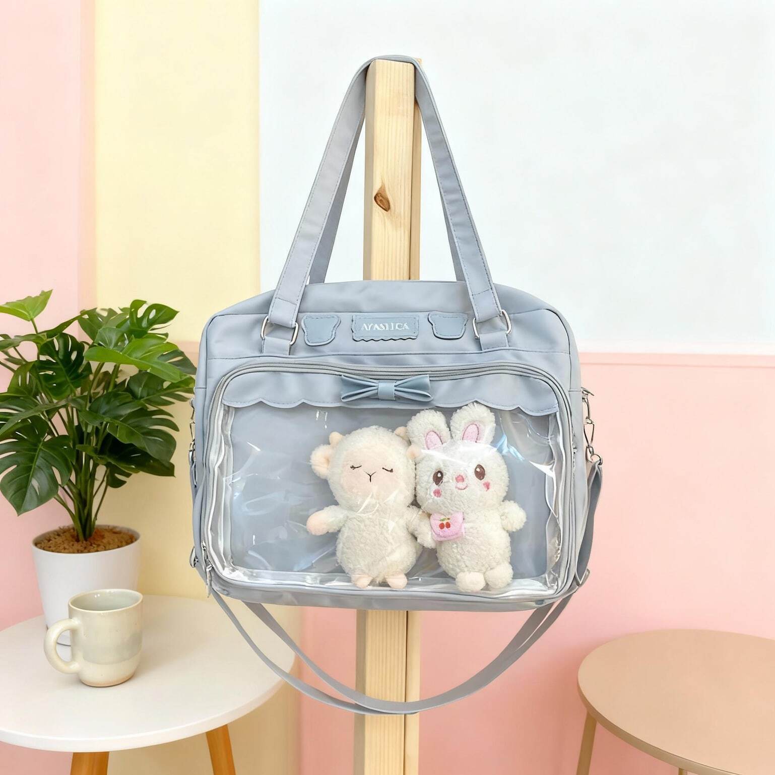 Black Kawaii Ita Tote Bag with Clear Window for Plushies and Pins Black Kawaii Ita Tote Bag with Clear Window for Plushies and Pins