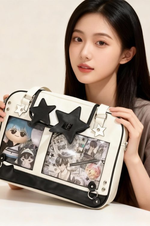 Black Kawaii Ita Tote Bag with Clear Window for Plushies and Pins