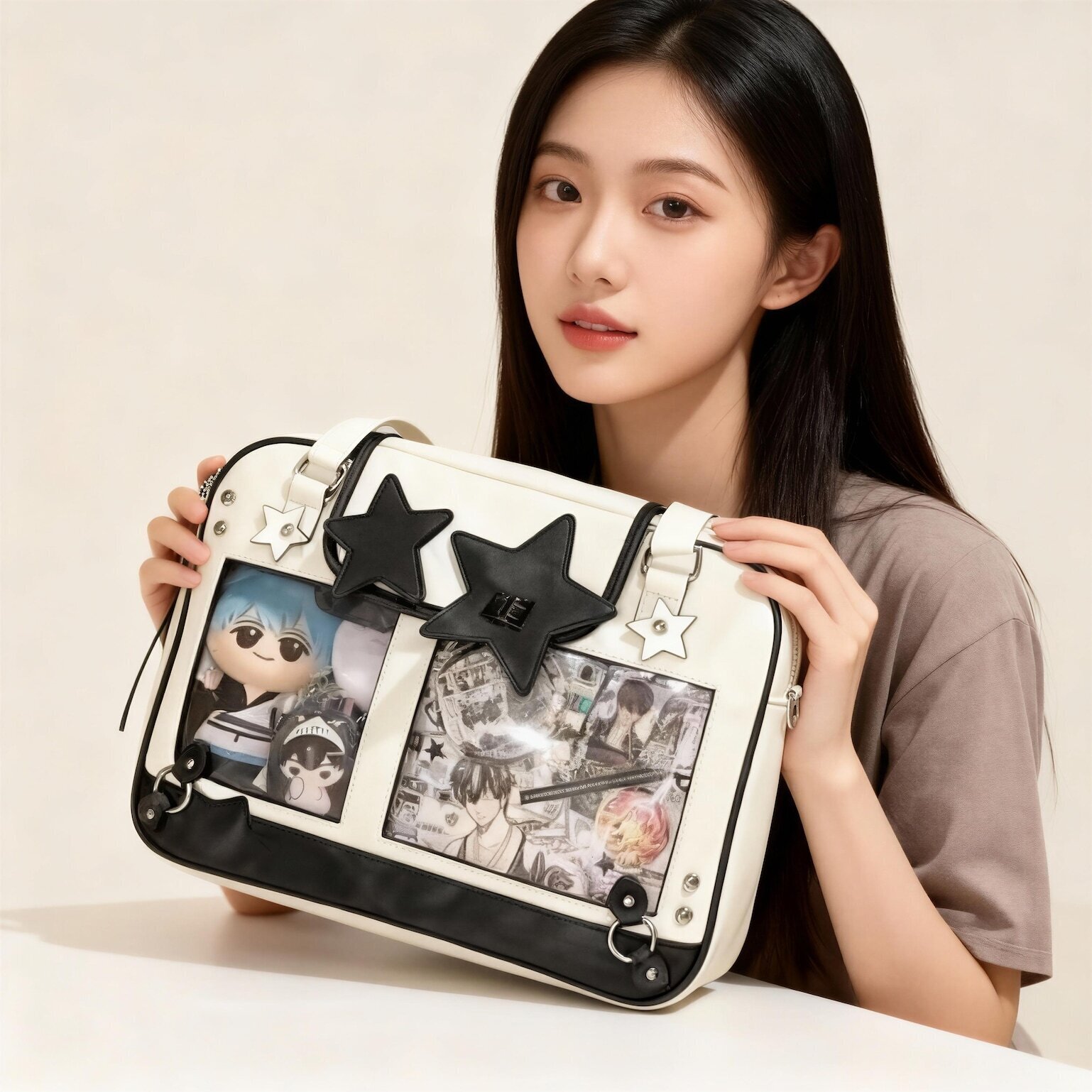 Black Kawaii Ita Tote Bag with Clear Window for Plushies and Pins Black Kawaii Ita Tote Bag with Clear Window for Plushies and Pins