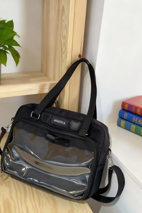 Black Kawaii Ita Tote Bag with Clear Window for Plushies and Pins