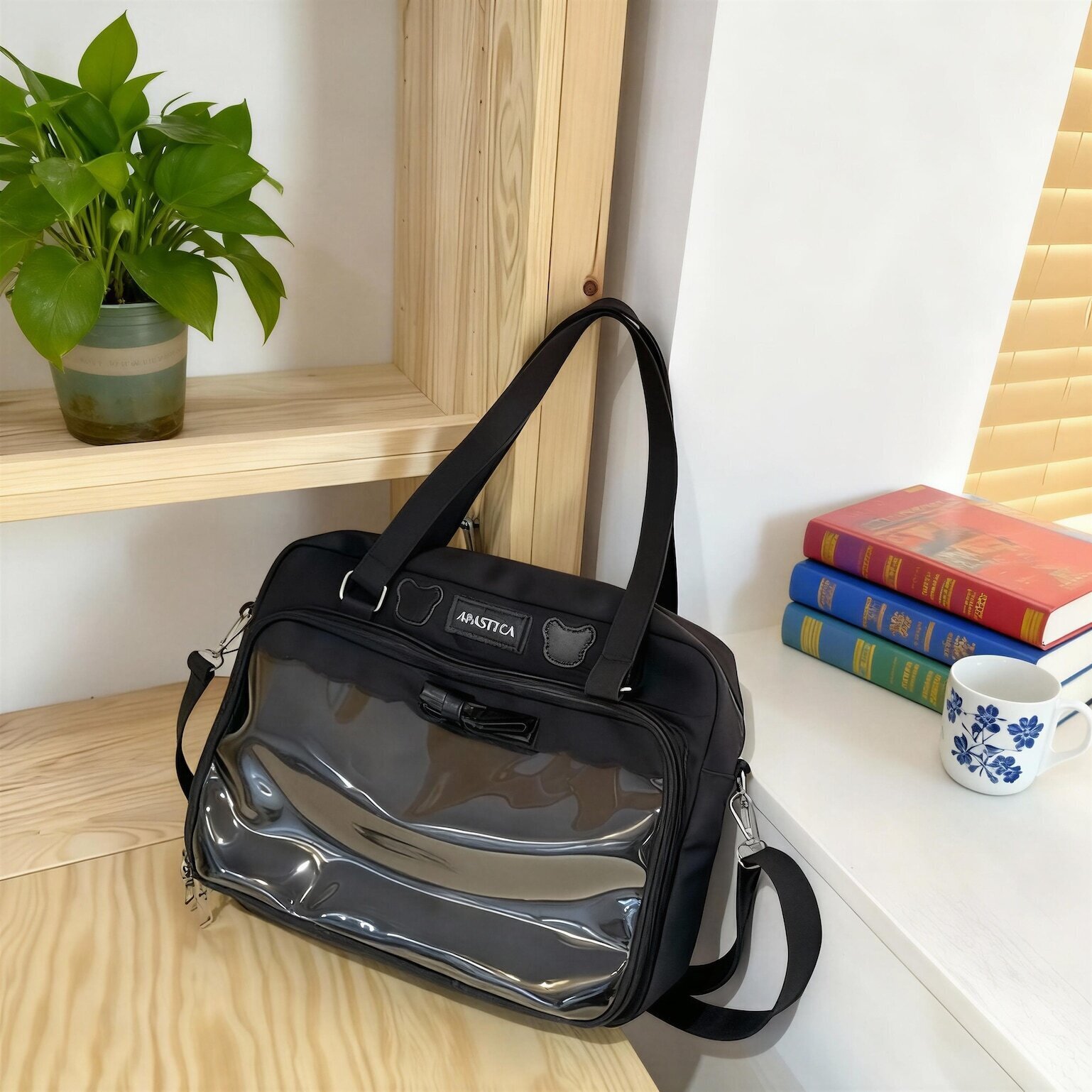 Black Kawaii Ita Tote Bag with Clear Window for Plushies and Pins Black Kawaii Ita Tote Bag with Clear Window for Plushies and Pins