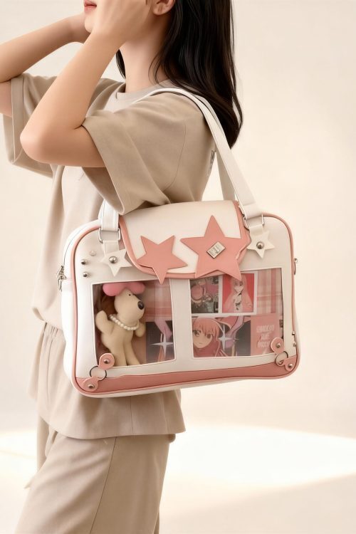 Black Kawaii Ita Tote Bag with Clear Window for Plushies and Pins