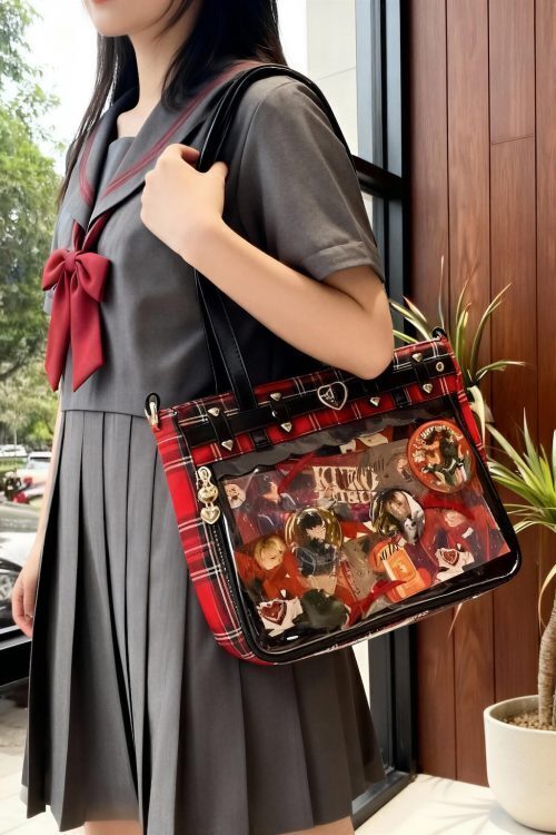 Black Kawaii Plaid Ita Shoulder Bag for Photocards and Pins