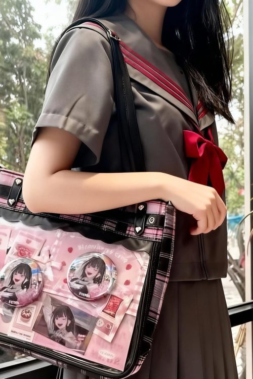 Black Kawaii Plaid Ita Shoulder Bag for Photocards and Pins