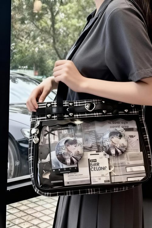 Black Kawaii Plaid Ita Shoulder Bag for Photocards and Pins