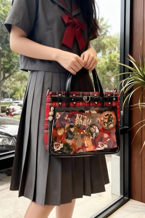 Black Kawaii Plaid Ita Shoulder Bag for Photocards and Pins