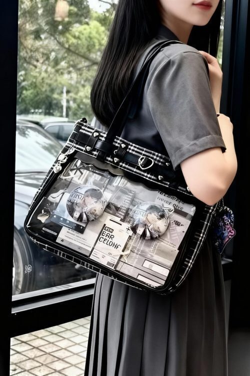 Black Kawaii Plaid Ita Shoulder Bag for Photocards and Pins