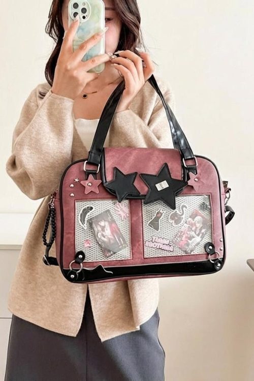 Black Kawaii Star Convertible Ita Bag with Clear Window for Photocards and Pins