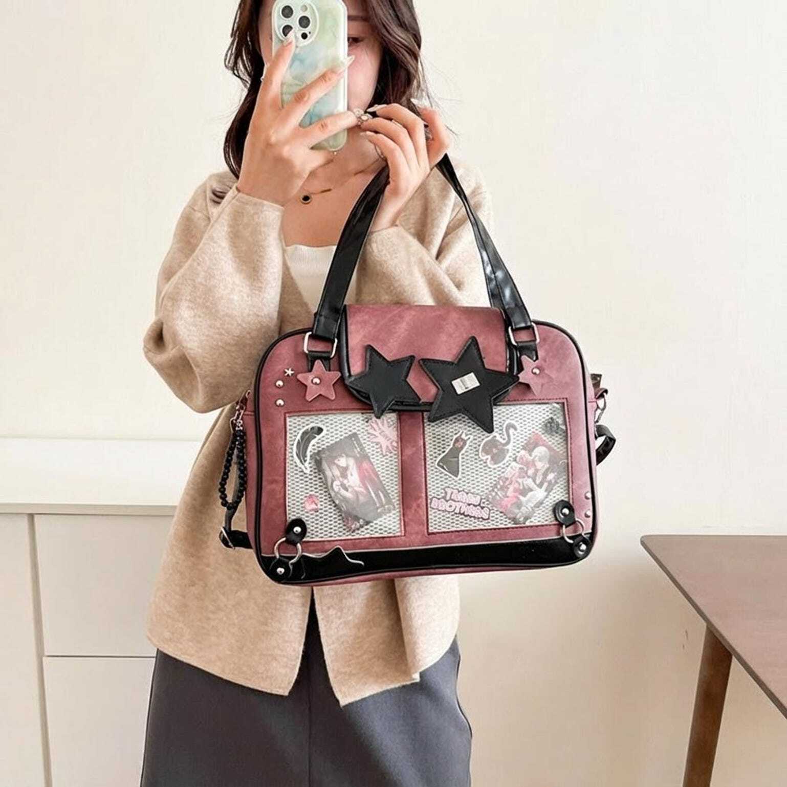 Black Kawaii Star Convertible Ita Bag with Clear Window for Photocards and Pins Black Kawaii Star Convertible Ita Bag with Clear Window for Photocards and Pins
