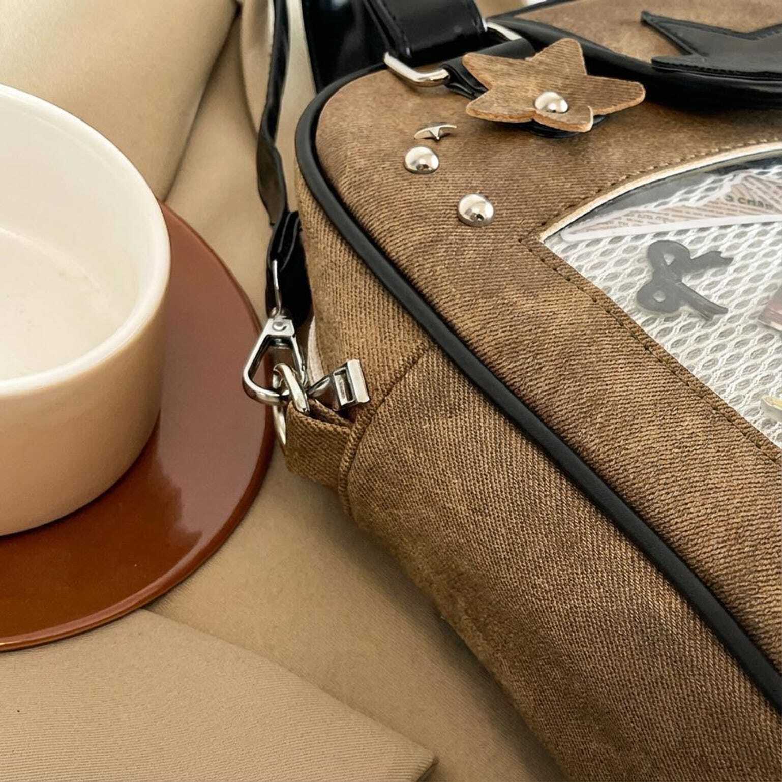 Black Kawaii Star Convertible Ita Bag with Clear Window for Photocards and Pins Black Kawaii Star Convertible Ita Bag with Clear Window for Photocards and Pins