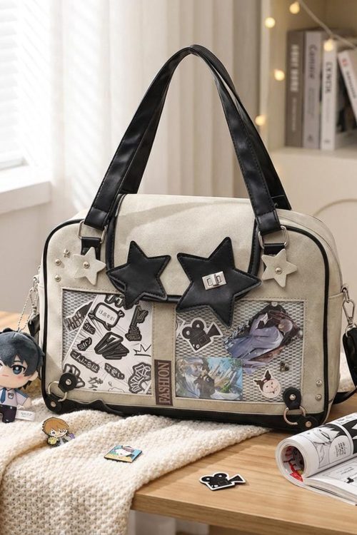Black Kawaii Star Convertible Ita Bag with Clear Window for Photocards and Pins