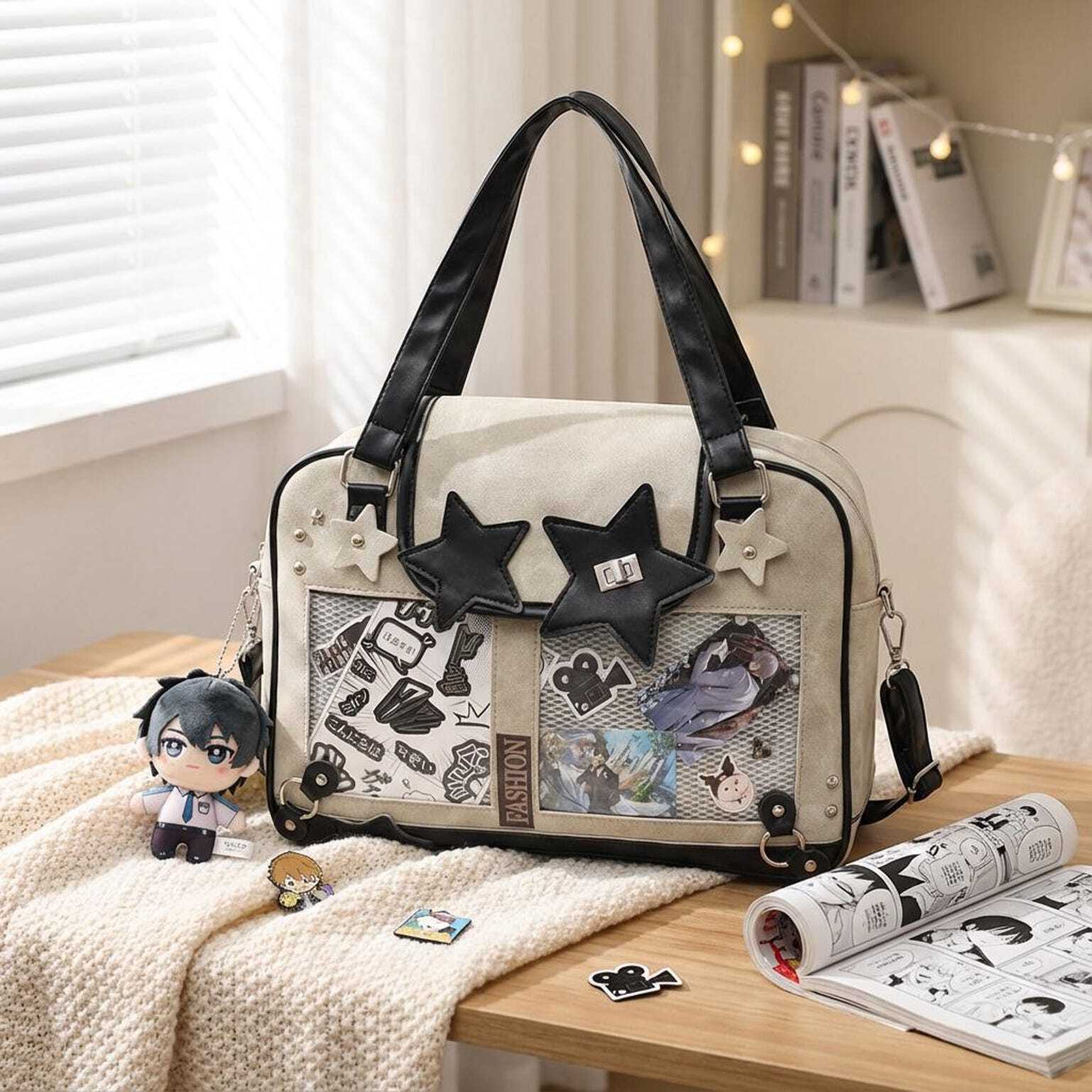 Black Kawaii Star Convertible Ita Bag with Clear Window for Photocards and Pins Black Kawaii Star Convertible Ita Bag with Clear Window for Photocards and Pins