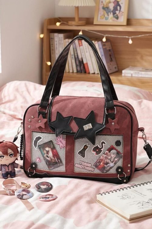 Black Kawaii Star Convertible Ita Bag with Clear Window for Photocards and Pins