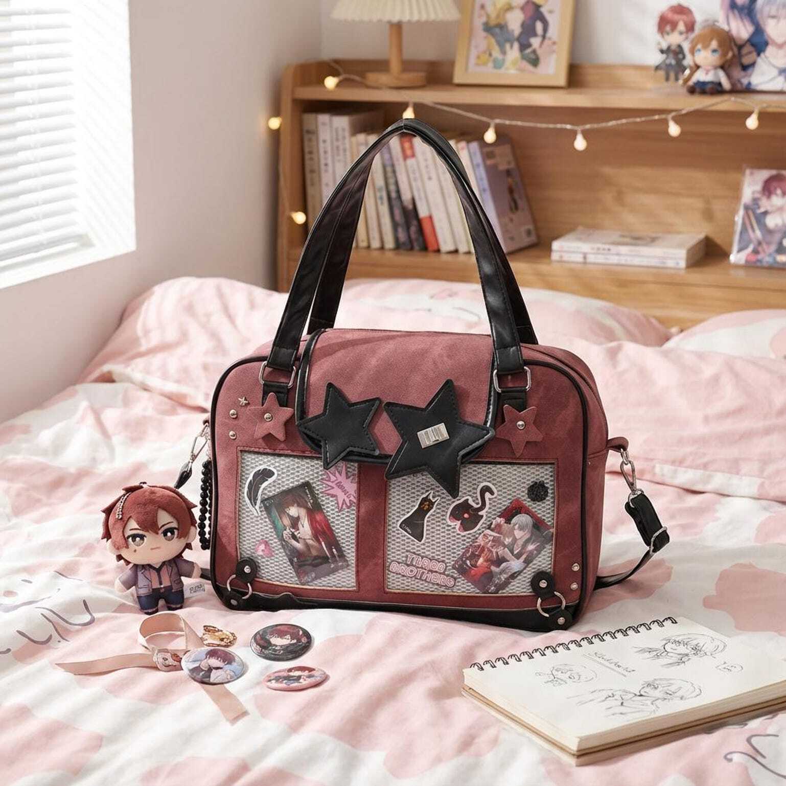Black Kawaii Star Convertible Ita Bag with Clear Window for Photocards and Pins Black Kawaii Star Convertible Ita Bag with Clear Window for Photocards and Pins