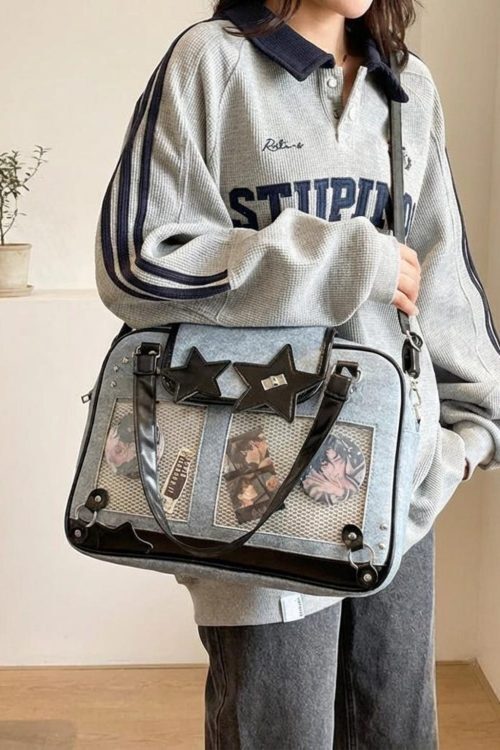 Black Kawaii Star Convertible Ita Bag with Clear Window for Photocards and Pins