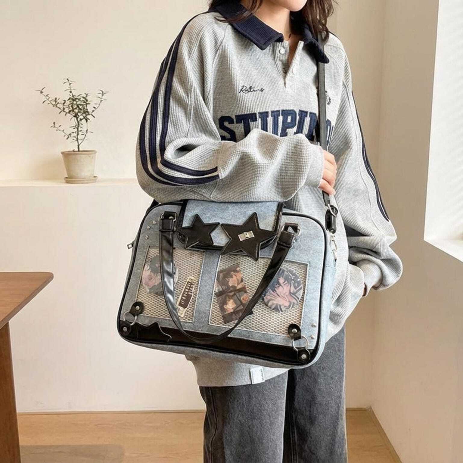 Black Kawaii Star Convertible Ita Bag with Clear Window for Photocards and Pins Black Kawaii Star Convertible Ita Bag with Clear Window for Photocards and Pins