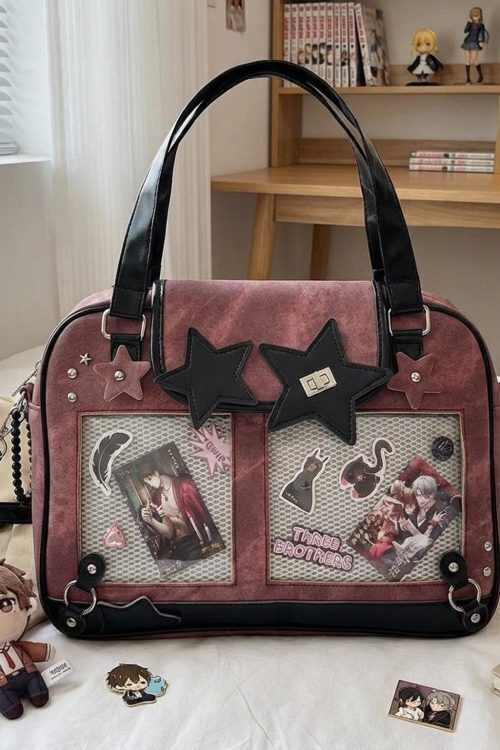 Black Kawaii Star Convertible Ita Bag with Clear Window for Photocards and Pins