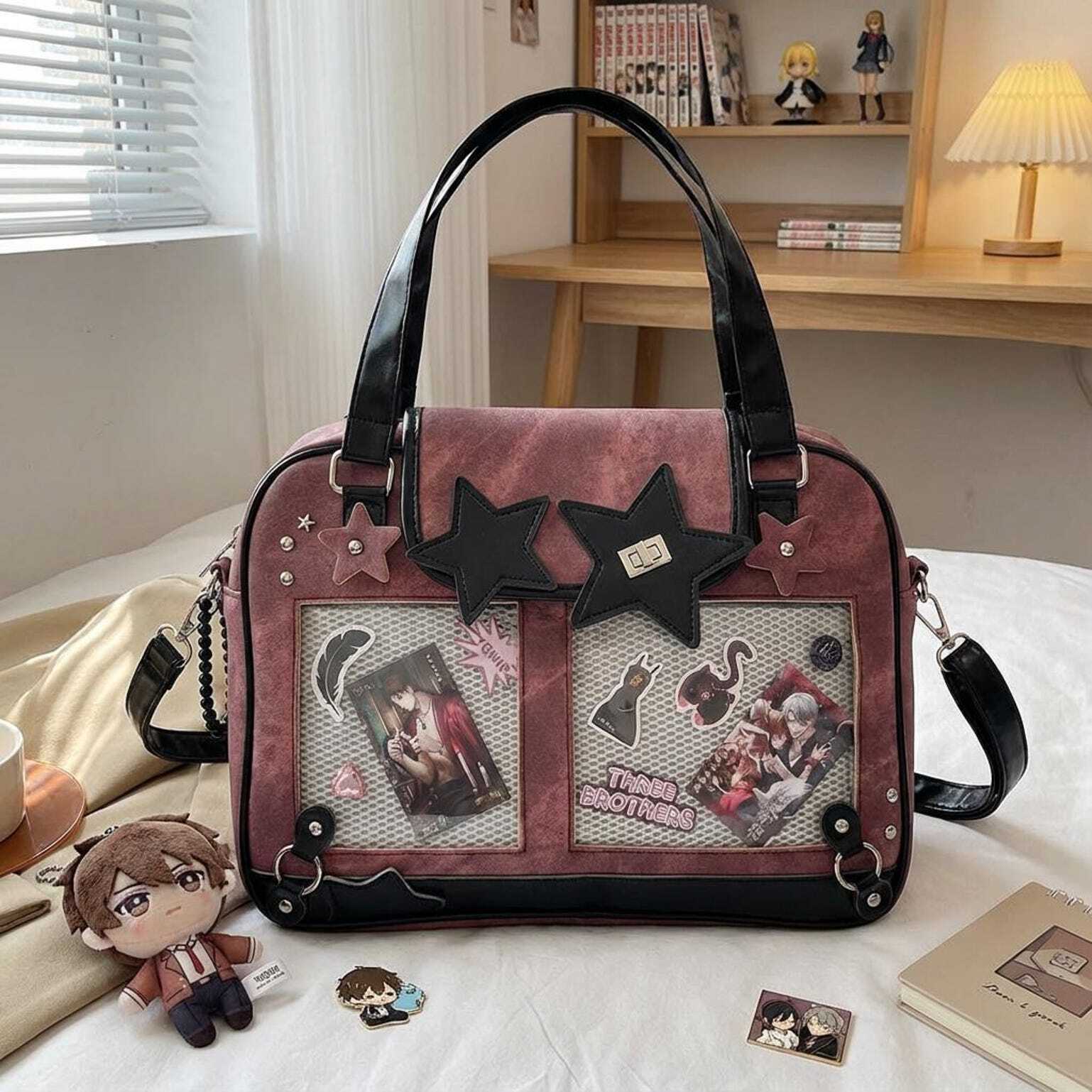 Black Kawaii Star Convertible Ita Bag with Clear Window for Photocards and Pins Black Kawaii Star Convertible Ita Bag with Clear Window for Photocards and Pins