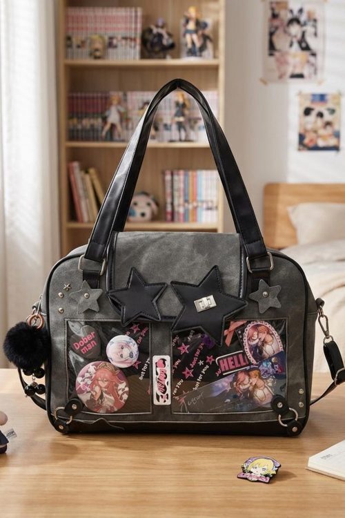 Black Kawaii Star Convertible Ita Bag with Clear Window for Photocards and Pins