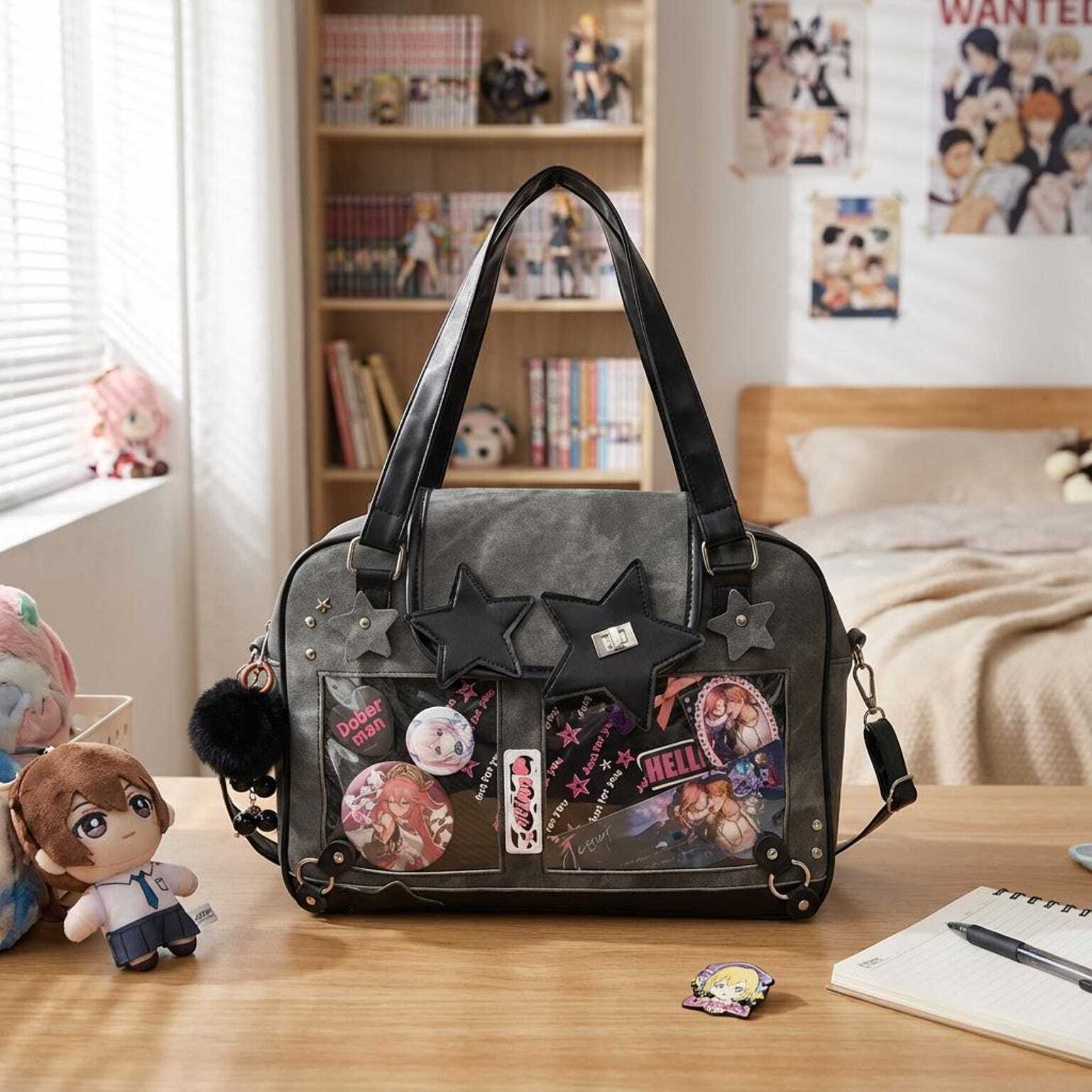 Black Kawaii Star Convertible Ita Bag with Clear Window for Photocards and Pins Black Kawaii Star Convertible Ita Bag with Clear Window for Photocards and Pins