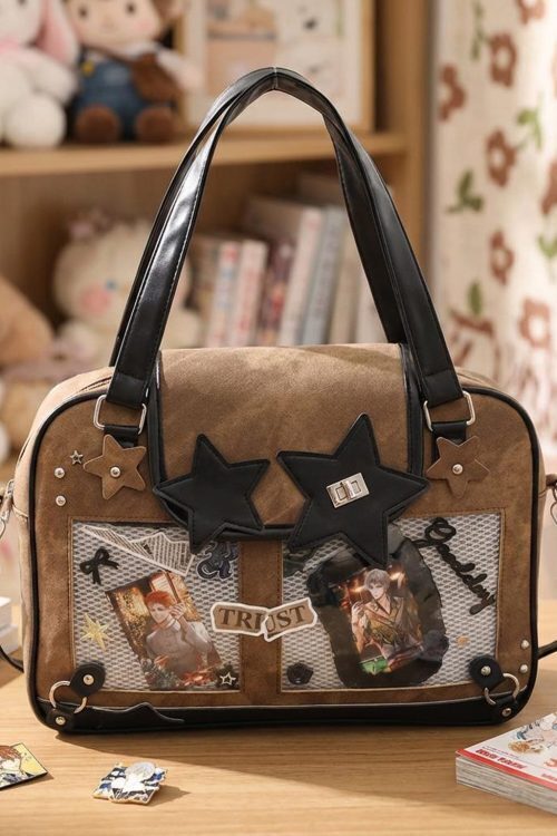 Black Kawaii Star Convertible Ita Bag with Clear Window for Photocards and Pins