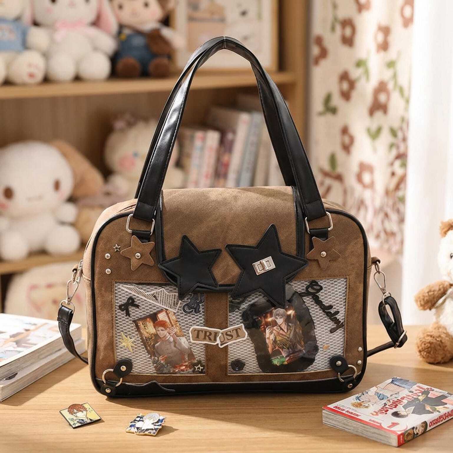 Black Kawaii Star Convertible Ita Bag with Clear Window for Photocards and Pins Black Kawaii Star Convertible Ita Bag with Clear Window for Photocards and Pins