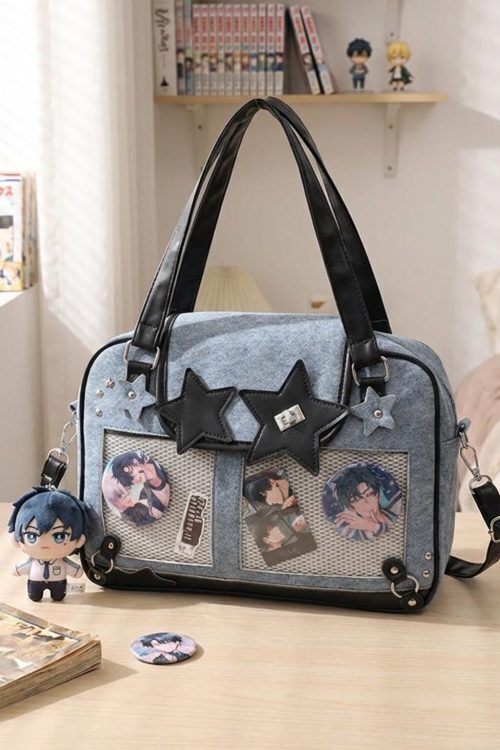 Black Kawaii Star Convertible Ita Bag with Clear Window for Photocards and Pins
