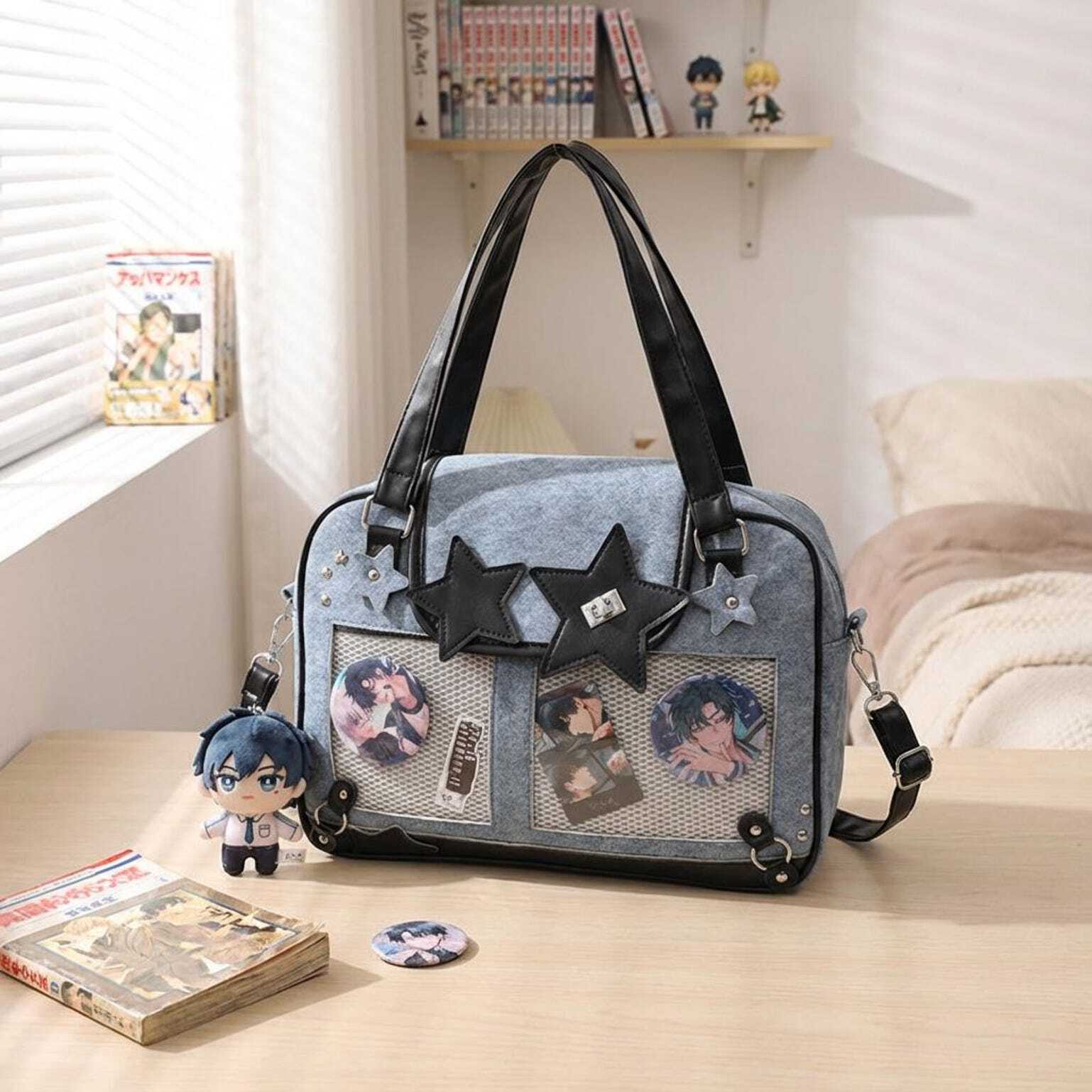 Black Kawaii Star Convertible Ita Bag with Clear Window for Photocards and Pins Black Kawaii Star Convertible Ita Bag with Clear Window for Photocards and Pins