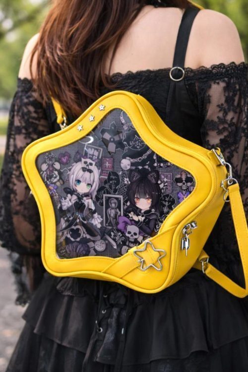 Black Kawaii Star Convertible Ita Bag with Clear Window for Pin Display