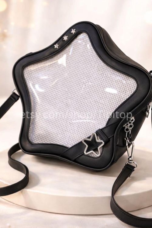 Black Kawaii Star Convertible Ita Bag with Clear Window for Pin Display