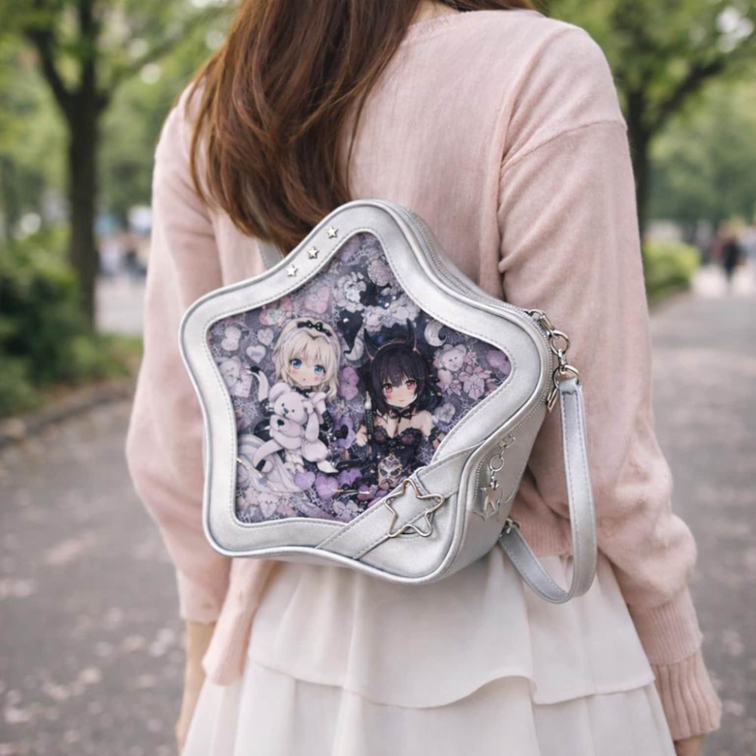 Black Kawaii Star Convertible Ita Bag with Clear Window for Pin Display Black Kawaii Star Convertible Ita Bag with Clear Window for Pin Display