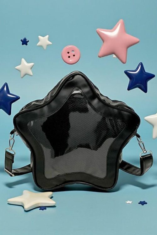 Black Kawaii Star Convertible Ita Bag with Clear Window for Pin Display
