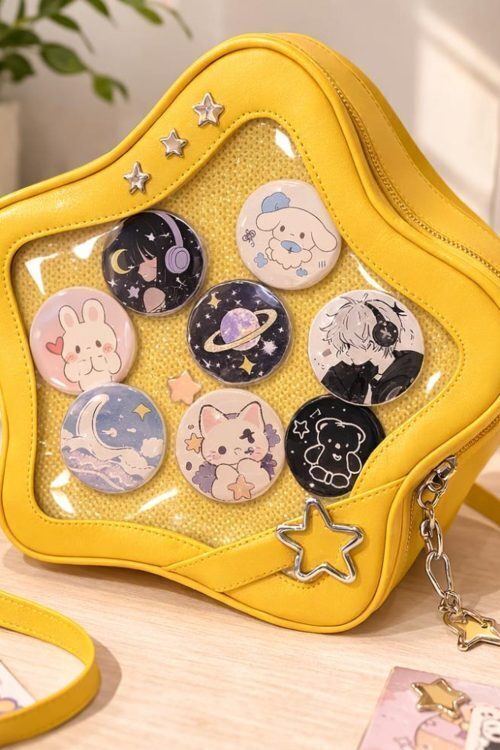 Black Kawaii Star Convertible Ita Bag with Clear Window for Pin Display