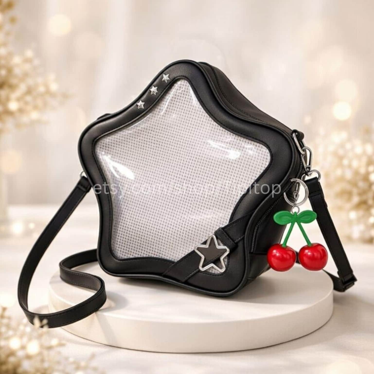 Black Kawaii Star Convertible Ita Bag with Clear Window for Pin Display Black Kawaii Star Convertible Ita Bag with Clear Window for Pin Display