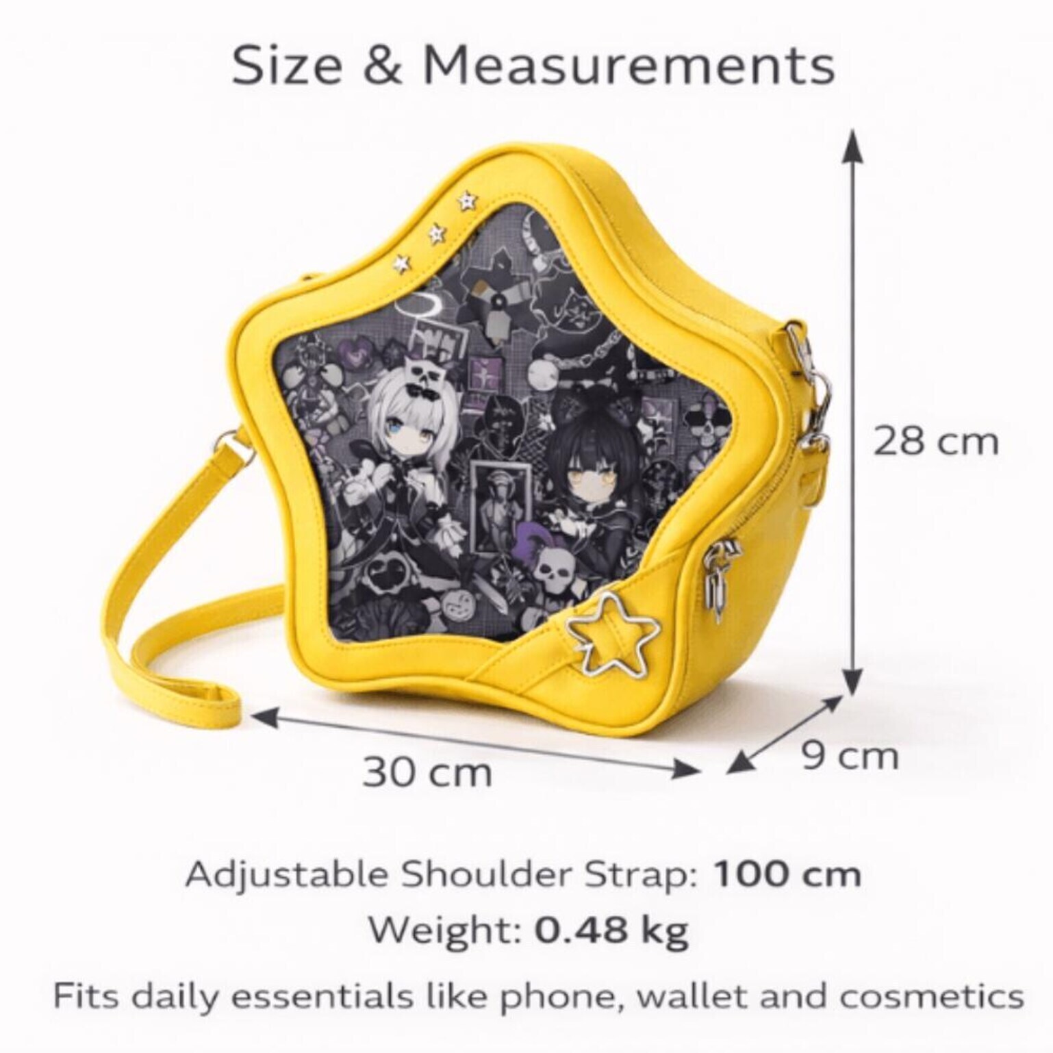 Black Kawaii Star Convertible Ita Bag with Clear Window for Pin Display Black Kawaii Star Convertible Ita Bag with Clear Window for Pin Display