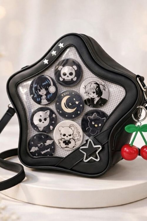Black Kawaii Star Convertible Ita Bag with Clear Window for Pin Display