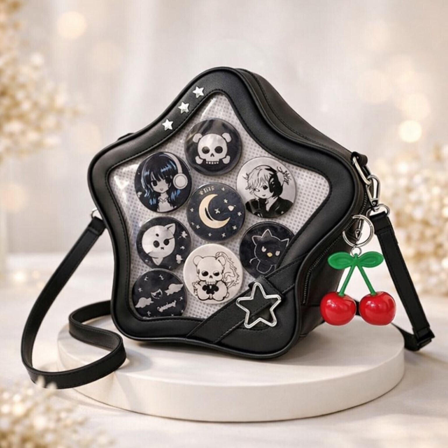 Black Kawaii Star Convertible Ita Bag with Clear Window for Pin Display Black Kawaii Star Convertible Ita Bag with Clear Window for Pin Display