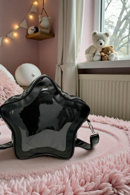 Black Kawaii Star Convertible Ita Bag with Clear Window for Pin Display