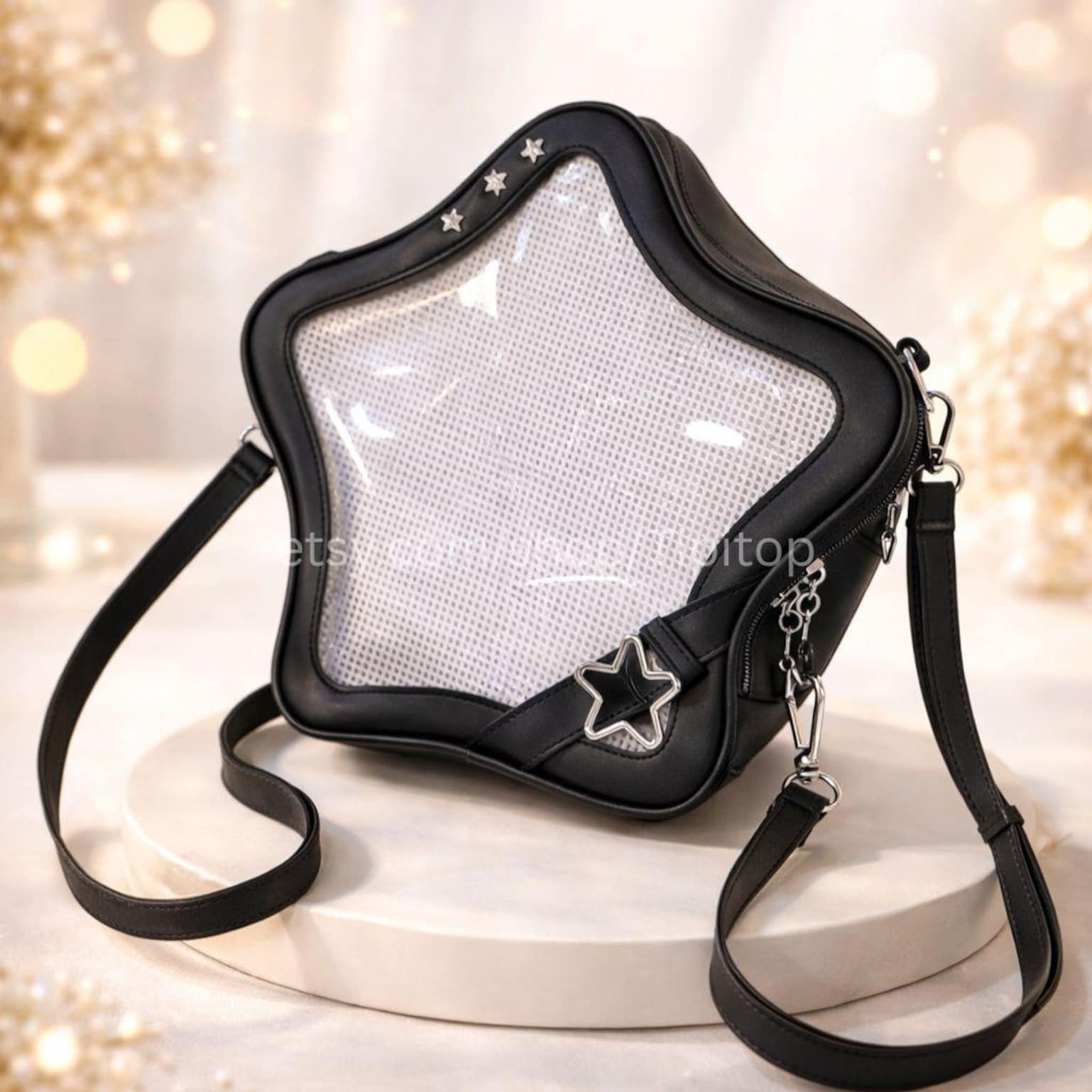 Black Kawaii Star Convertible Ita Bag with Clear Window for Pin Display Black Kawaii Star Convertible Ita Bag with Clear Window for Pin Display
