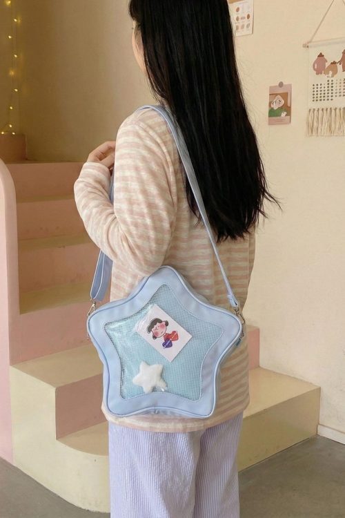 Black Kawaii Star Ita Crossbody Bag with Clear Window for Pin Display
