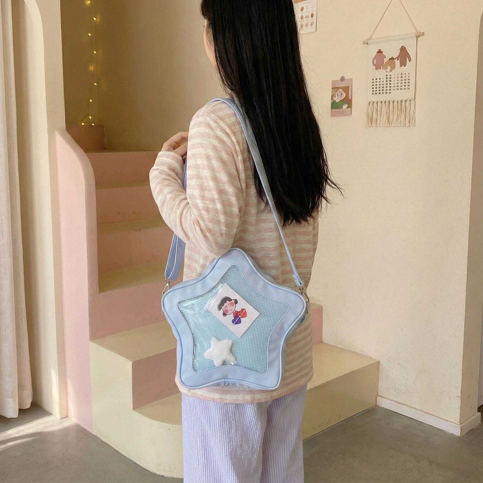 Black Kawaii Star Ita Crossbody Bag with Clear Window for Pin Display Black Kawaii Star Ita Crossbody Bag with Clear Window for Pin Display