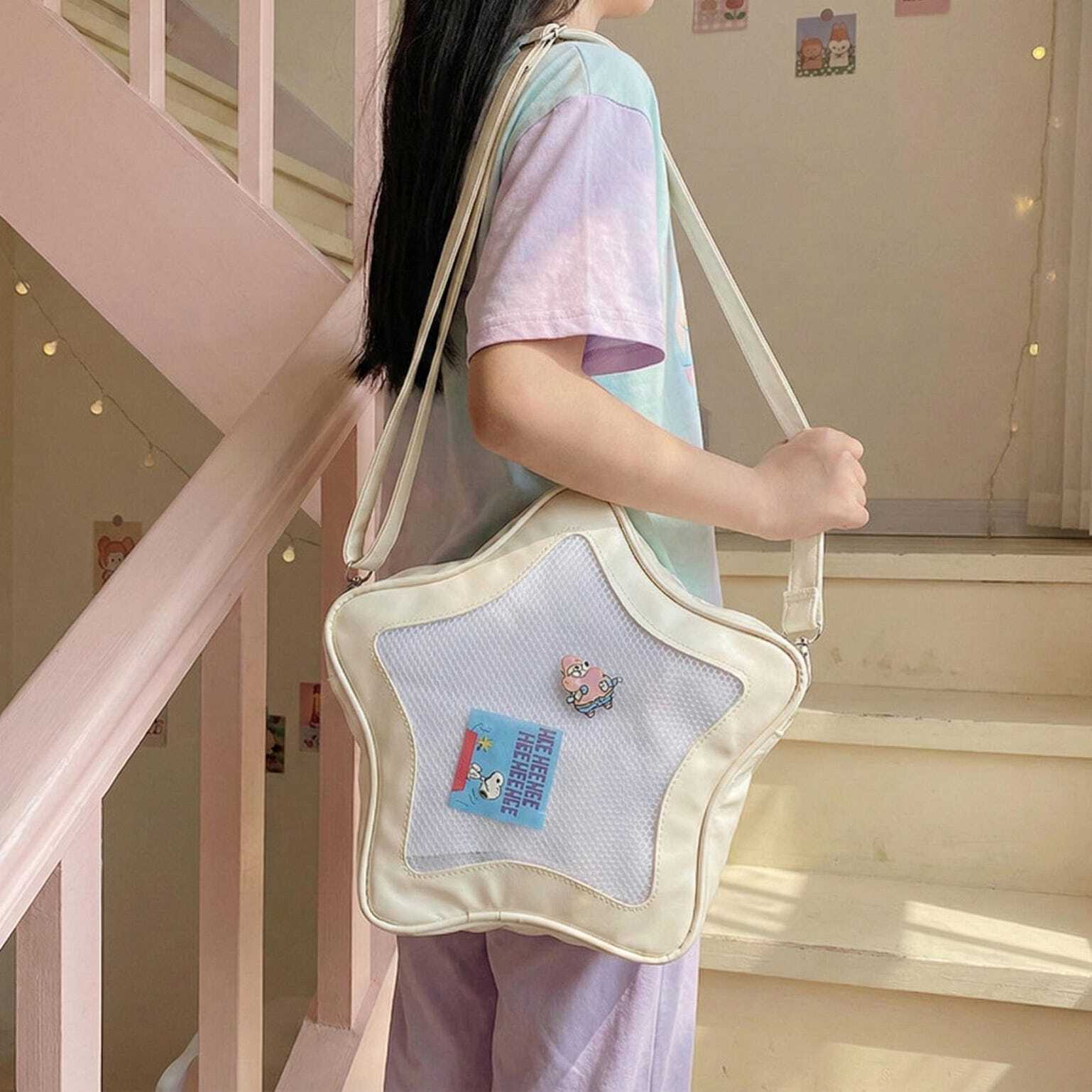 Black Kawaii Star Ita Crossbody Bag with Clear Window for Pin Display Black Kawaii Star Ita Crossbody Bag with Clear Window for Pin Display